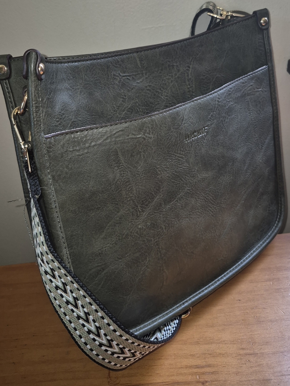 HKCLUF Olive Green Vegan Leather Crossbody Bag Olive Green With Geometric Strap